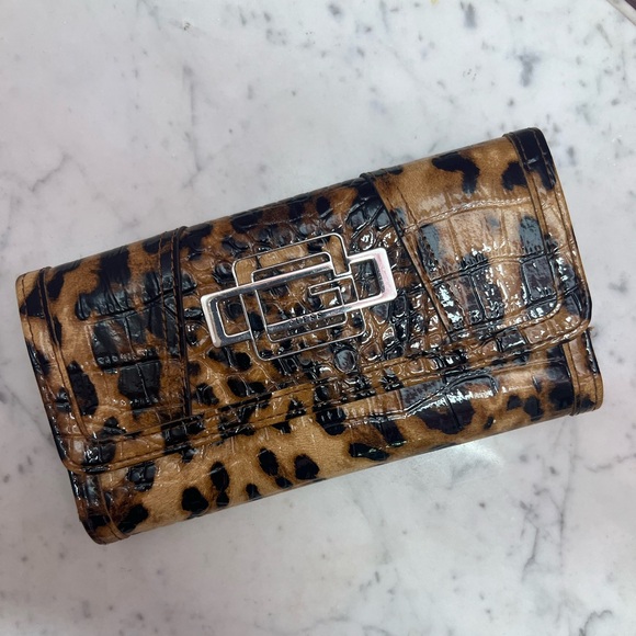 Guess Y2k Leopard Print Crocodile Embossed Tri- Fold Wallet Silver Hardware - Picture 1 of 6